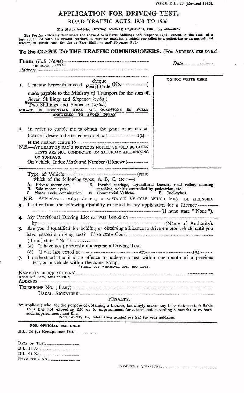 Driving Test Application Form (Click for Side 2)